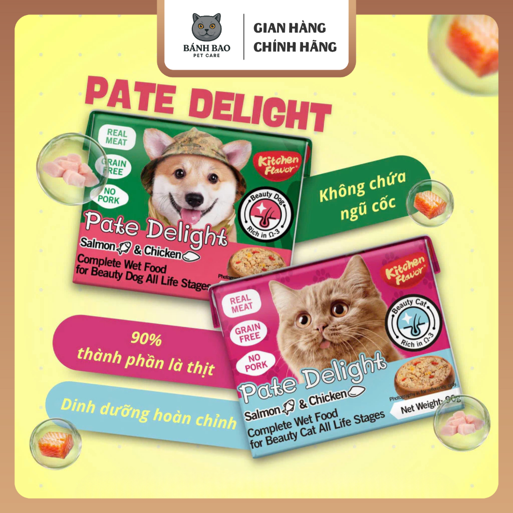 Pate Delight cá hồi và gà Kitchen Flavor loại cao cấp cho chó mèo, thức ăn cho thú cưng mọi lứa tuổi