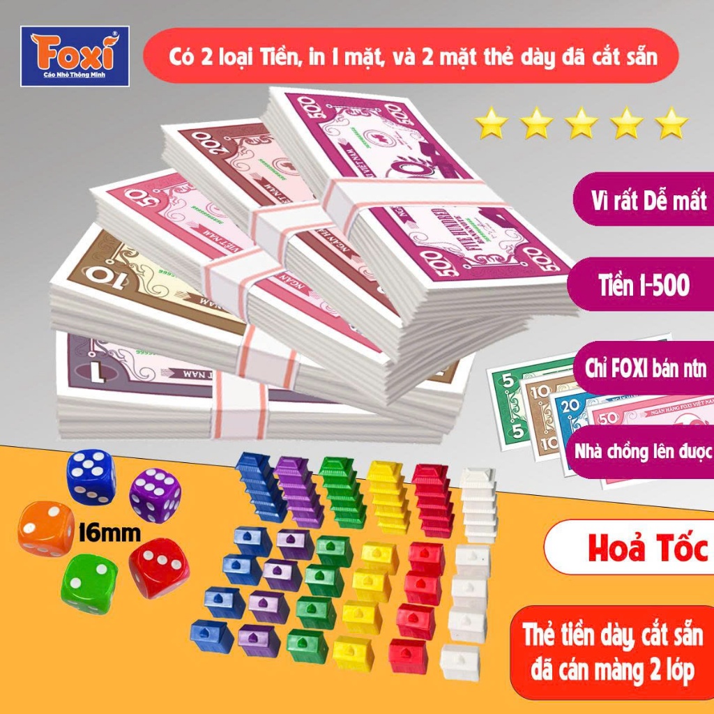 Bộ Thẻ Tiền - Nhà - Khách Sạn Cờ Tỷ Phú Foxi - Phụ Kiện Chơi Cờ Tỷ Phú - Tiền Đủ Mệnh Giá Từ 1-500