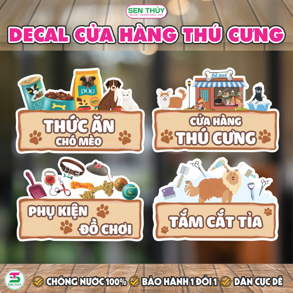 Decal Cửa Hàng Thú Cưng Pet Shop - Hình Dán/Ép Plastic Trang Trí Pet Shop, Thức Ăn Chó Mèo, Phụ Kiện