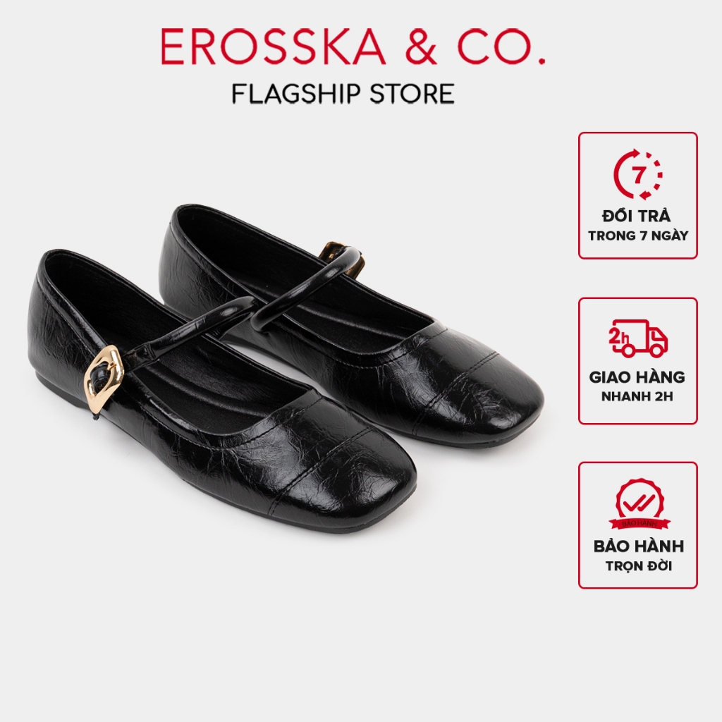 Erosska - Giày búp bê nữ ballet core mũi vuông, quai ngang phối khóa màu đen  - EL084