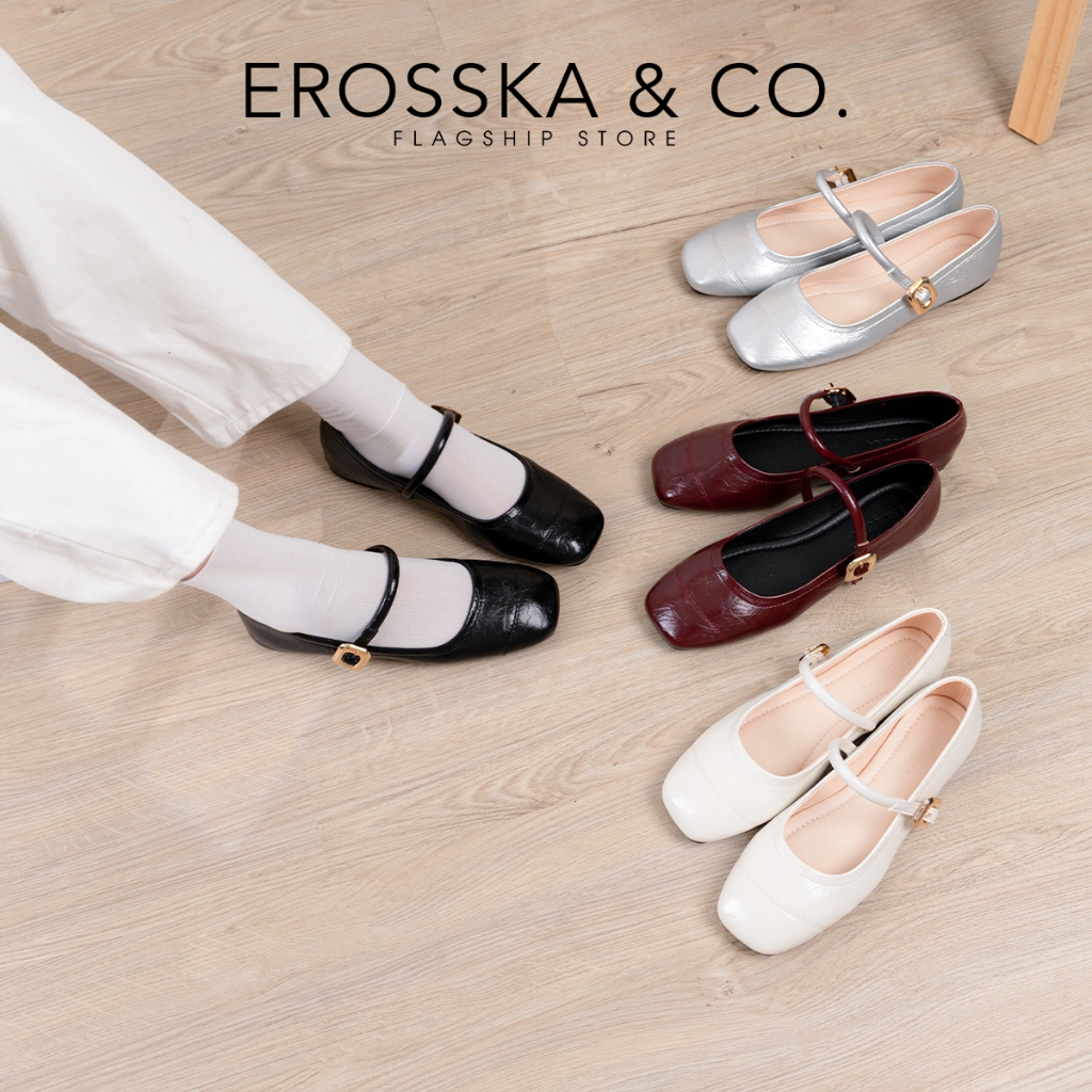 Erosska - Giày búp bê nữ ballet core mũi vuông, quai ngang phối khóa màu đen  - EL084