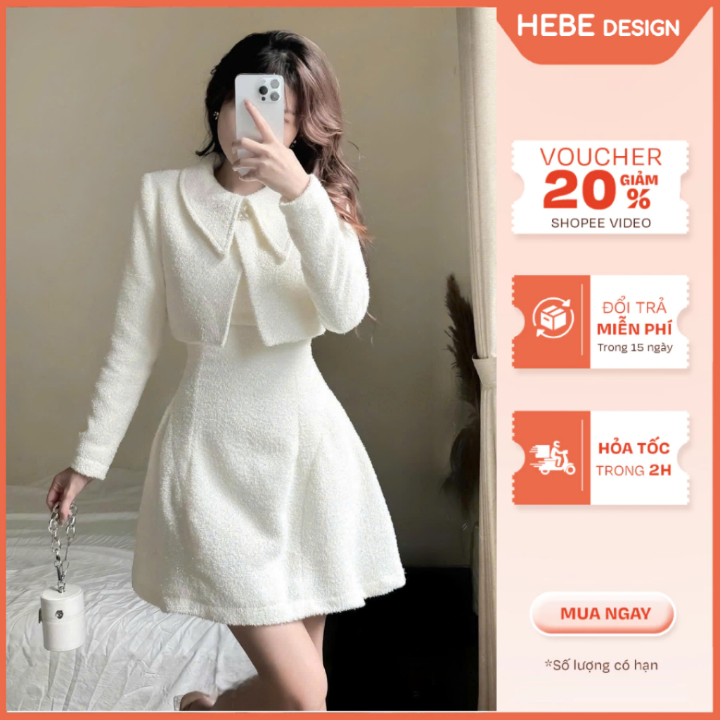 Set Váy Dạ Lông Thỏ Đính Đá Susan, Váy Trắng Dáng Xòe Cúp Ngực Kèm Áo Khoác Nhẹ Nhàng Thanh Lịch Heb