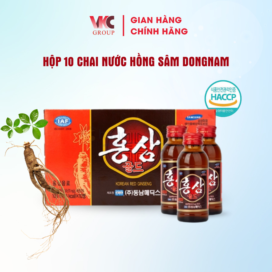 Hộp 10 Chai Nước Hồng Sâm Hàn Quốc Nguyên Chất Dongnam Korea Red Ginseng 100ml/chai