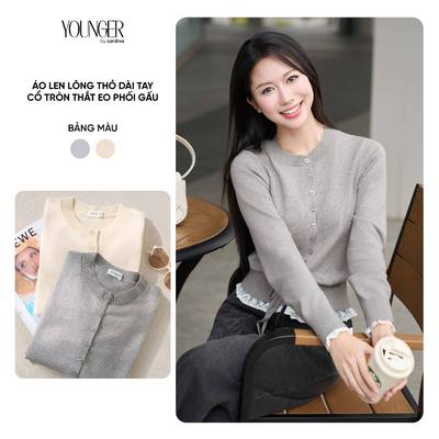 Áo len nữ YOUNGER BY CARDINA chất liệu len lông thỏ dài tay cổ tròn phối gấu 5YALD03