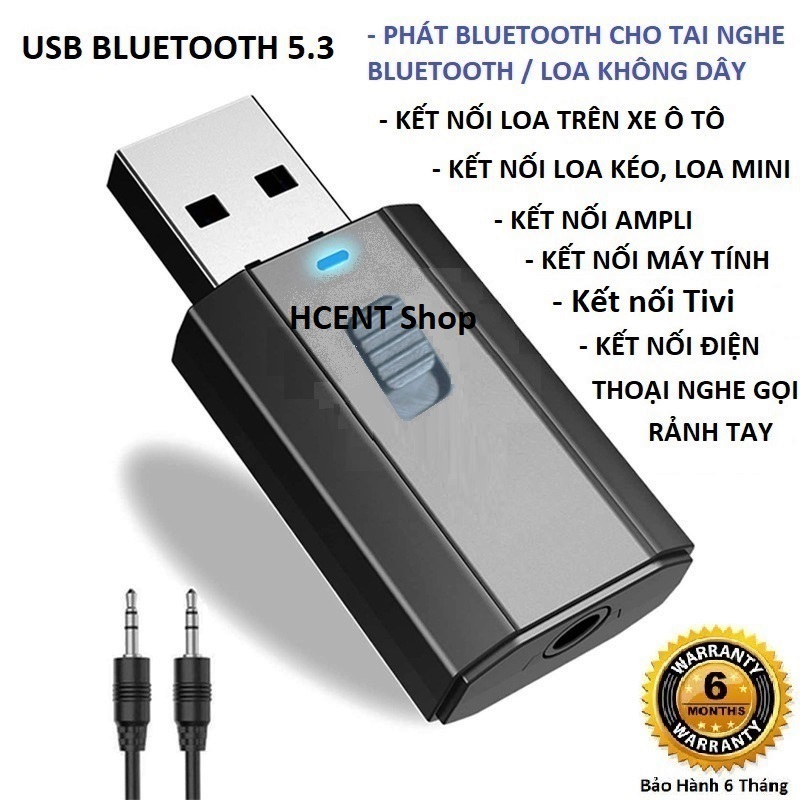 Usb bluetooth 5.3 Thiết bị thu phát âm thanh đa chức năng jack cắm 3.5mm cho loa, ô tô tai nghe blue