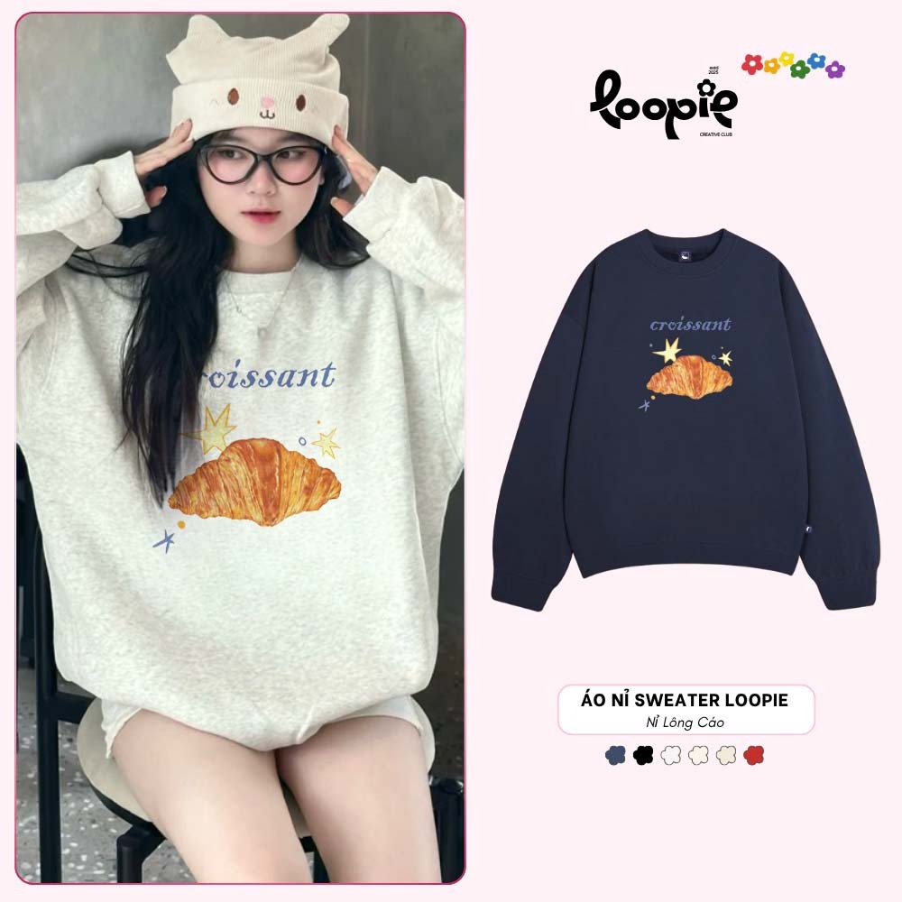 Áo Sweater LOOPIE CLUB BST308 Hình Bánh Sừng Bò - Áo Nỉ Lông Cáo Dày Dặn Aesthetic Outfit