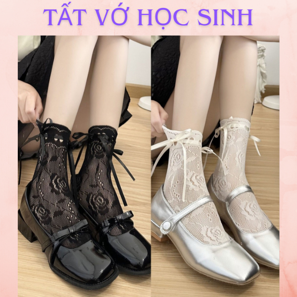 Tất Vớ Cổ Chân Nữ Ren Rỗng FreeSize Đính Nơ Ruy Băng Dệt Hoa Hồng Thoáng Khí Kiểu Dáng Lolita Sinh V