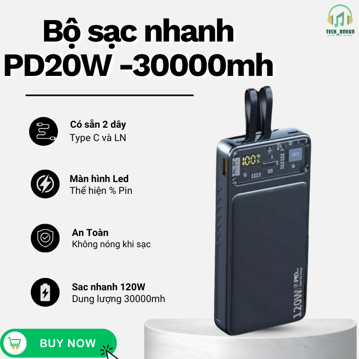 Sạc Dự Phòng 30000mah Công suất 120W  2 đầu Dây Ln và Type C Có sẵn vào có đèn LED hiển thị % Pin