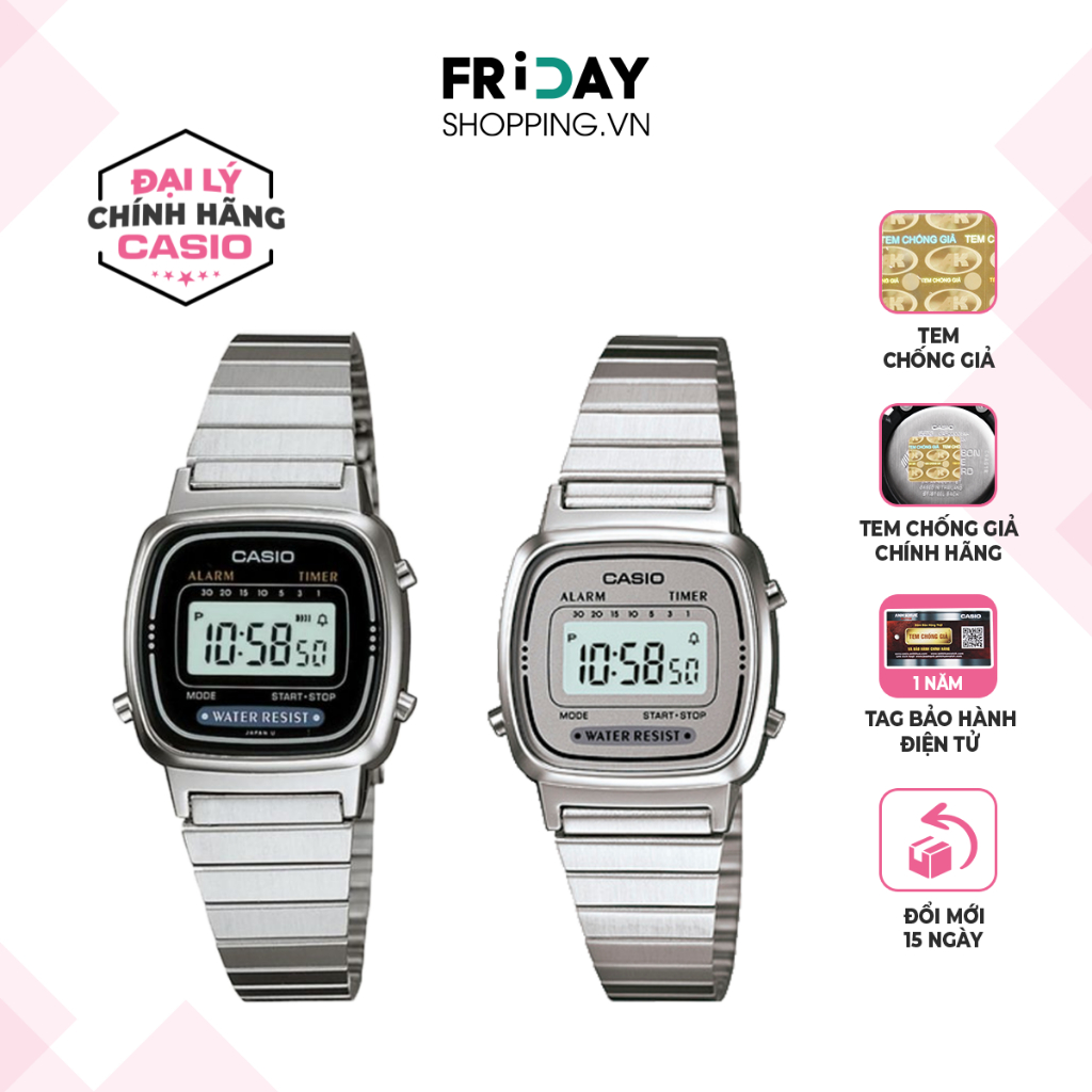 Đồng Hồ Nữ Casio LA670WA Điện Tử Mặt Vuông Dây Kim Loại Chính Hãng Chống Nước 3 ATM