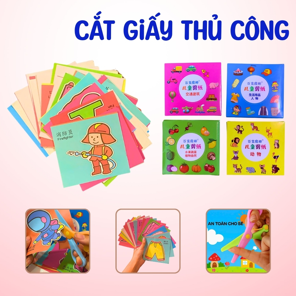 Bộ cắt dán thủ công cắt giấy cho bé kèm kéo an toàn giúp luyện khéo tay kết hợp học tiếng Anh