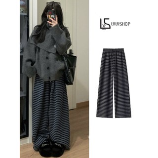  Quần ống rộng kẻ ngang LYLYSHOP vải len lông thỏ kẻ sọc phối cạp 