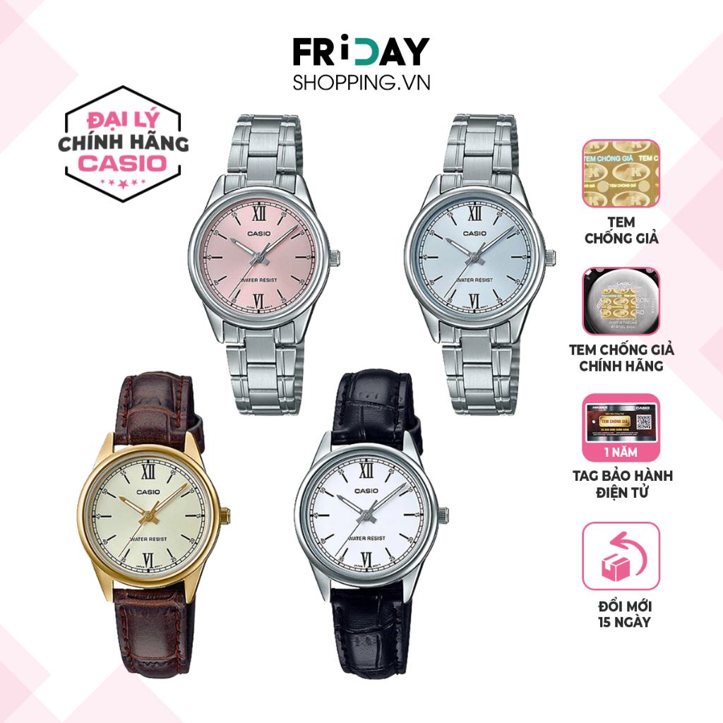 Đồng Hồ Nữ Casio LTP-V005 Mặt Tròn Dây Kim Loại Và Dây Da Chính Hãng Chống Nước 3 ATM
