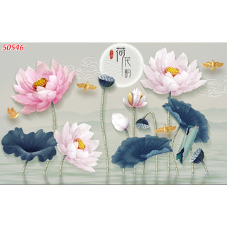 Tranh lụa kim sa Cá Chép và Hồ Sen, hoa sen giả đắp nổi dán tường 3D