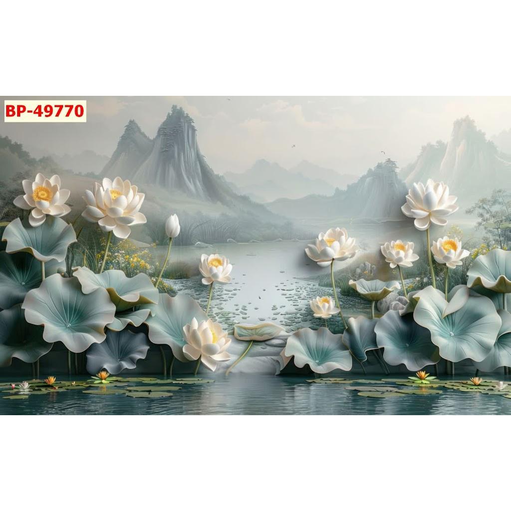 Tranh lụa kim sa Cá Chép và Hồ Sen, hoa sen giả đắp nổi dán tường 3D
