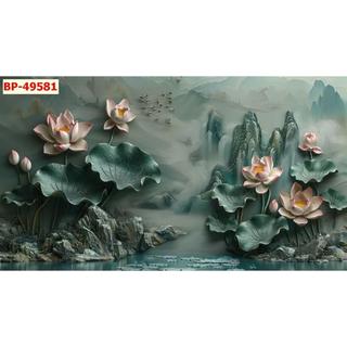 Tranh lụa kim sa Cá Chép và Hồ Sen, hoa sen giả đắp nổi dán tường 3D