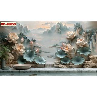 Tranh lụa kim sa Cá Chép và Hồ Sen, hoa sen giả đắp nổi dán tường 3D