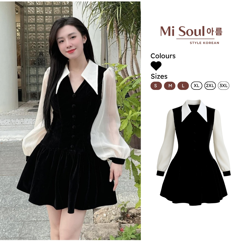 Váy Nhung Nữ Cổ V MiSoul Dáng Xòe Tiểu Thư Tay Phối Tơ Điệu Đà BigSize, Đầm Thiết Kế Mini Cổ Bẻ 364