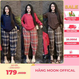  Set Đồ Nữ Bigsize Set Bộ Áo Cotton TAY DÀI Thu Đông Phối Quần CARO Bigsize 4 MÀU 