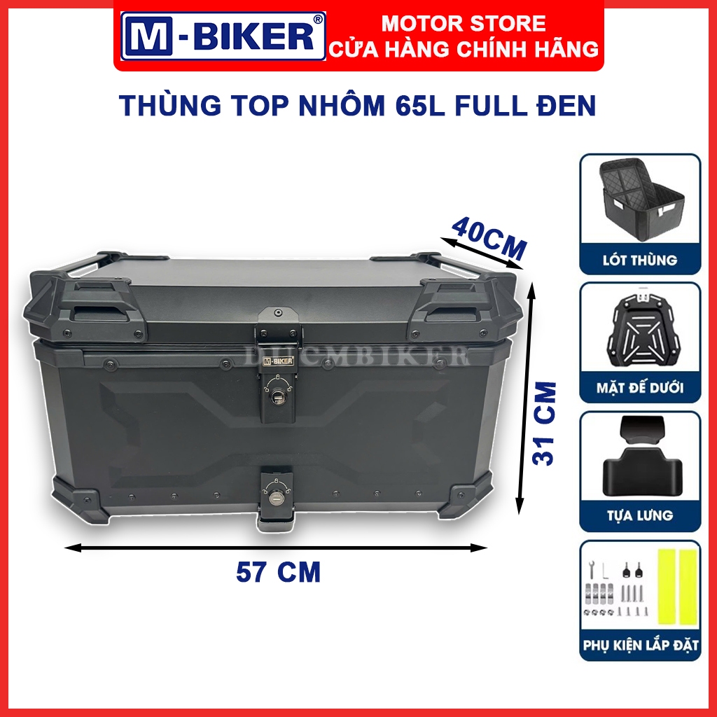 Thùng top nhôm 65L, Thùng nhôm gắn sau xe máy dung tích 65L full đen | M-Biker