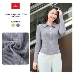  Áo len nữ CARDINA dài tay chất liệu len tăm cổ sen phối viền 5ALD10 