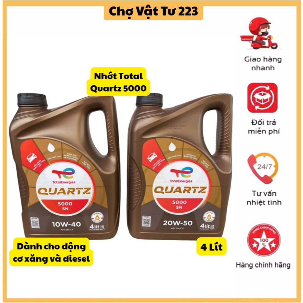 🎁Nhớt Total Energies Quartz 5000 SN 10W-40 Và 20W-50 4 Lít Dùng Cho Động Cơ Xăng Và Diesel.
