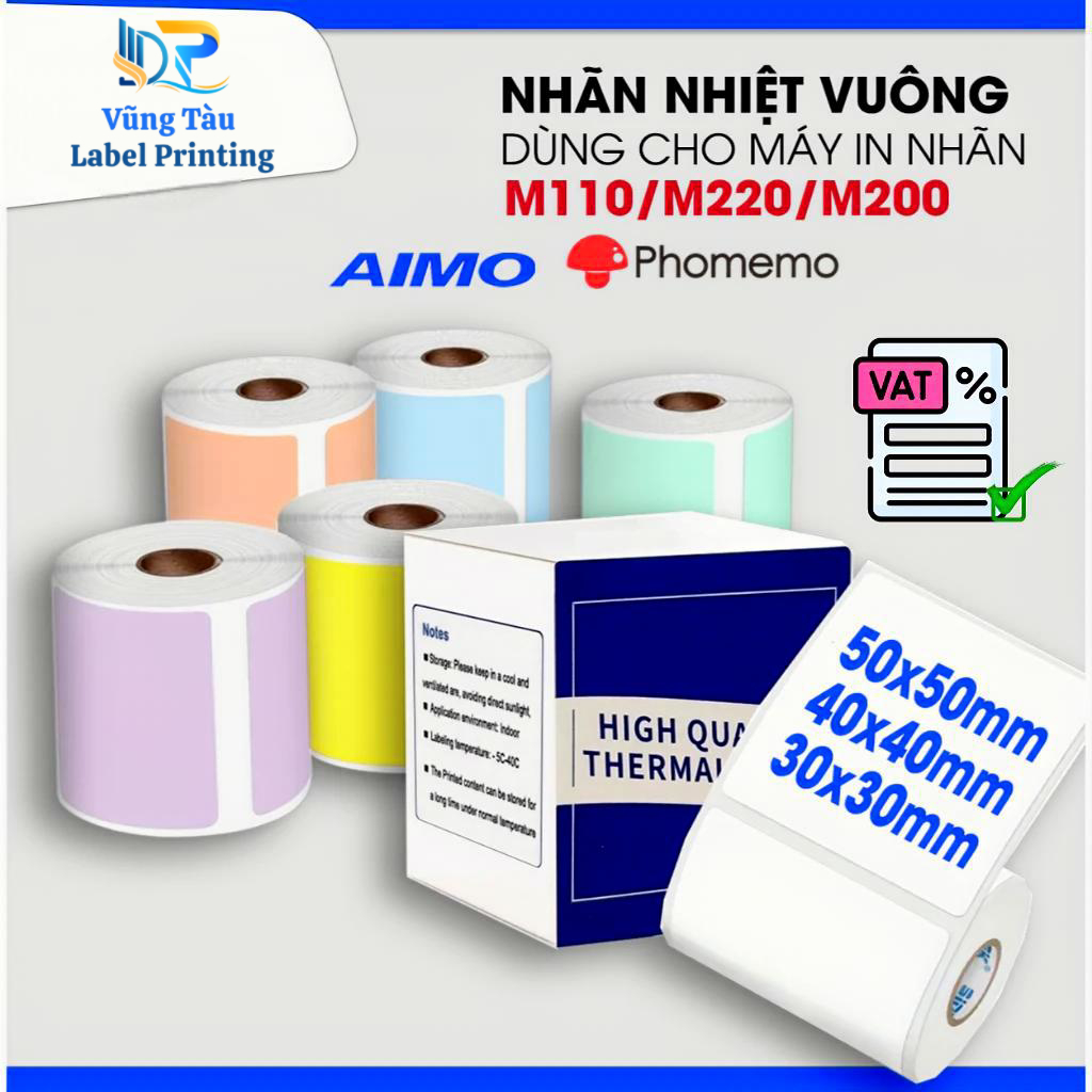 NHÃN IN NHIỆT VUÔNG – 40x40 / 50x50 – TƯƠNG THÍCH AIMO & PHOMEMO