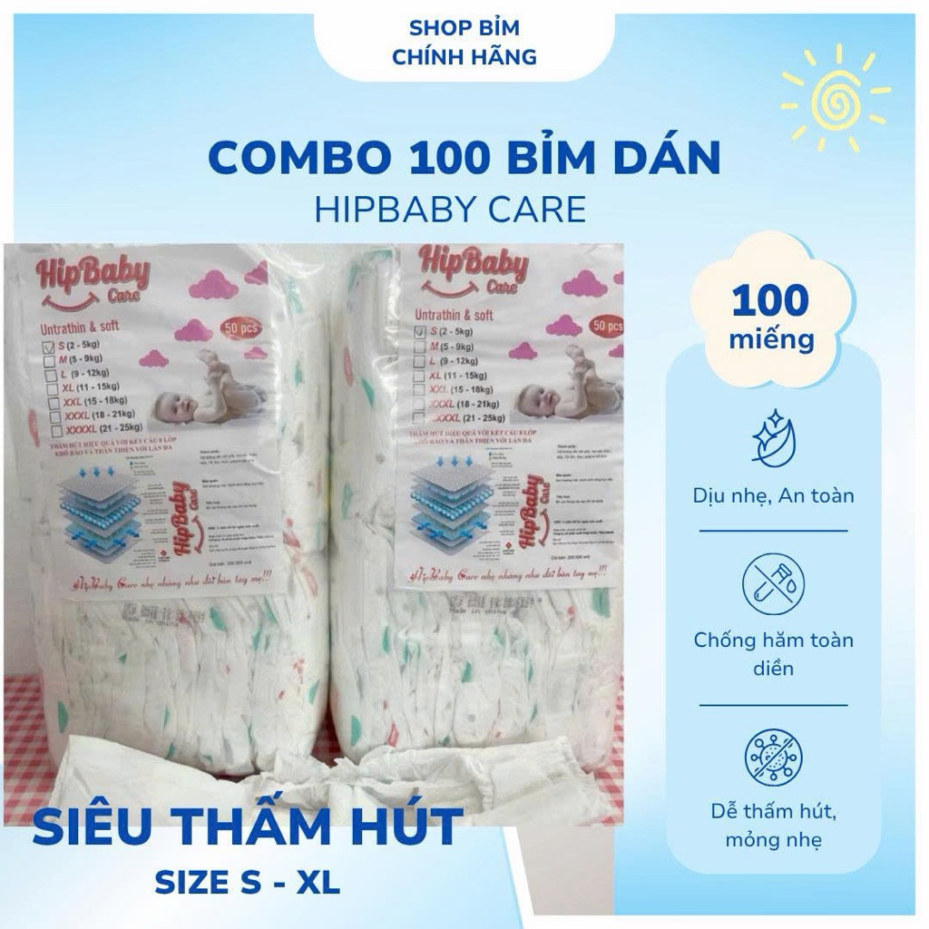 [Giá tốt nhất ]100 bỉm dán hipbaby care size S M L Xl Xxl Xxxl 4.x