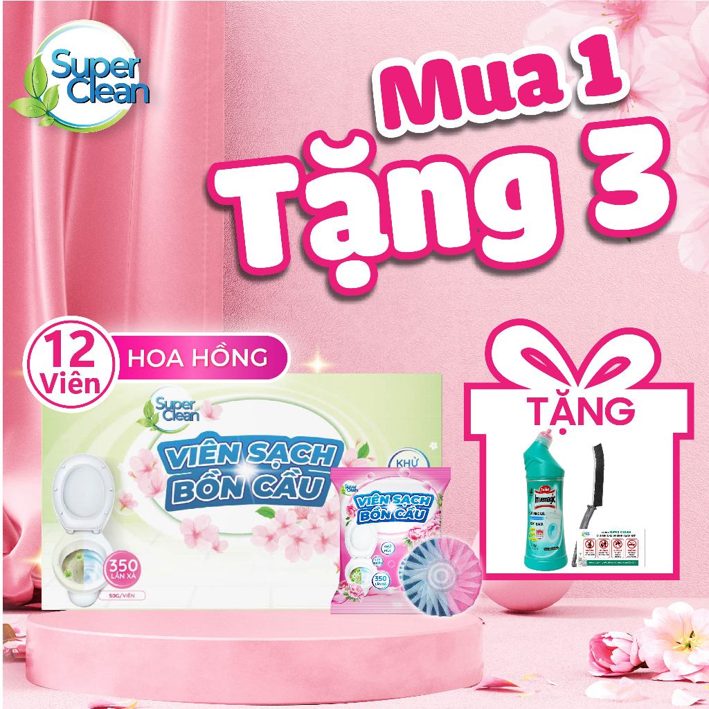 Combo 12 Viên Sạch Bồn Cầu Hoa Hồng Super Clean Tặng 1 Chai Tẩy Bồn Cầu Super Clean Với Hương Thơm T