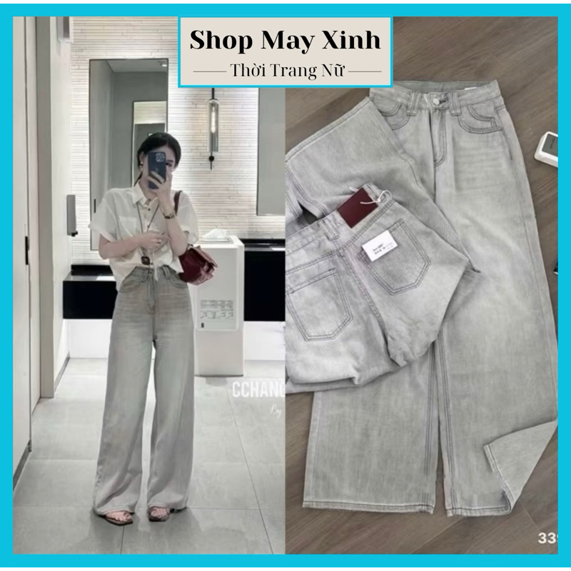 Quần Bò Jean Nữ Denim Suông Ống Rộng Trơn Màu Xám Khói Cạp Cao Siêu Hách Dáng