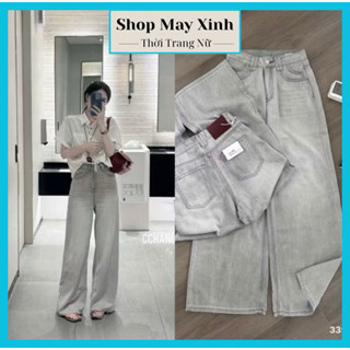 Quần Bò Jean Nữ Denim Suông Ống Rộng Trơn Màu Xám Khói Cạp Cao Siêu Hách Dáng 
