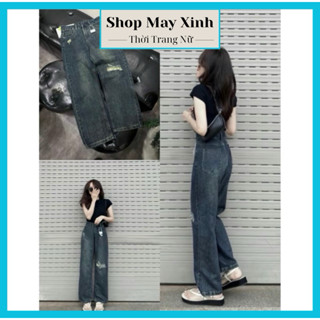  Quần jean lưng cao ống suông phối rách phong cách premium dài 98-99cm 