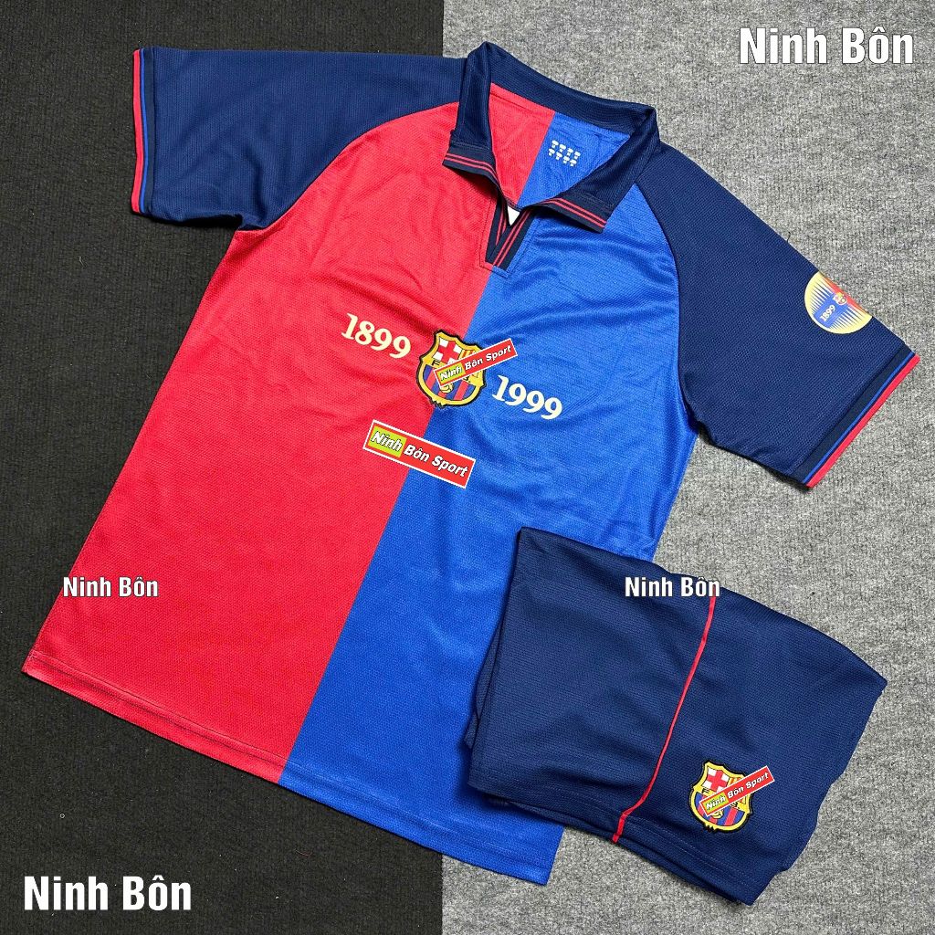 Bộ Quần Áo Bóng Đá CLB Barcelona Retro 1999, Bản Có Túi Quần - Vải Polyester Thái Cao Cấp