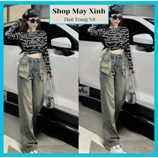  Quần bò jeans nữ ống rộng phối túi thêu chữ kaka quần bò denim ống rộng suông cạp cao hách dáng 