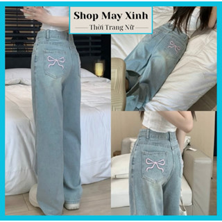  Quần Jeans Nữ Ống Rộng Quần Bò Nữ Ống Rộng Hoạ Tiết Nơ,Quần bò ống rộng suông dáng dài phong cách Ulzzang 