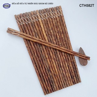  Đũa gỗ dừa tự nhiên  bộ 10 đôi  đầu vuông kẻ chéo phù hợp cho mọi gia đình - CTH582T 