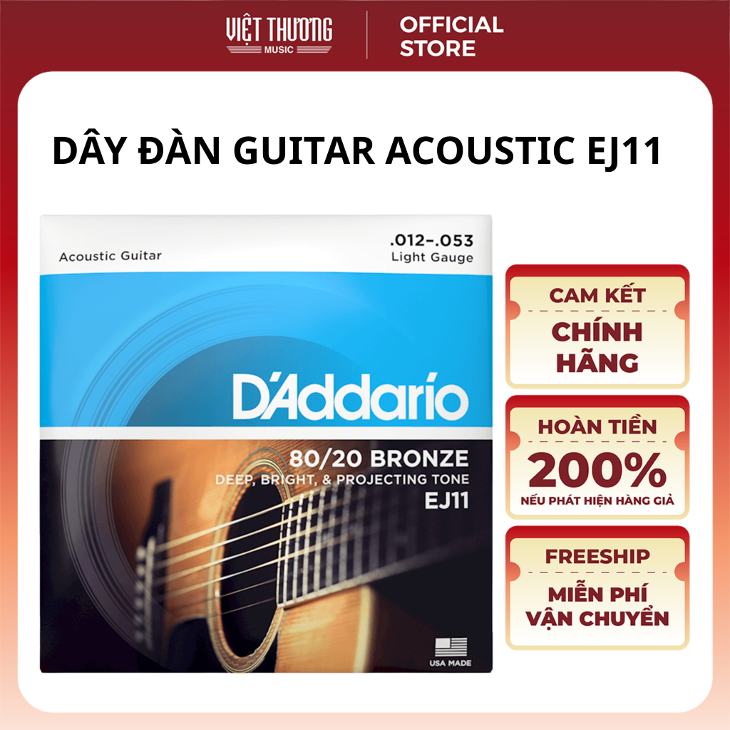 Dây Đàn Guitar Acoustic D'addario 80-20 size 12-53 EJ11, Dây đàn hợp kim cao cấp thay thế đàn guitar