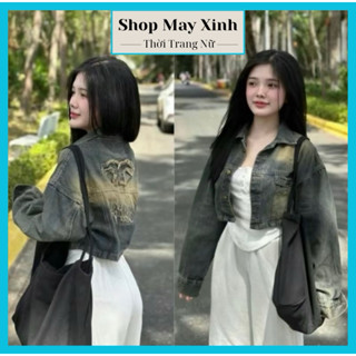  Áo khoác jean nữ dáng croptop thêu chữ paris Áo khoác bò nữ rách loang màu tay bo chun khoá kéo hót 2024 