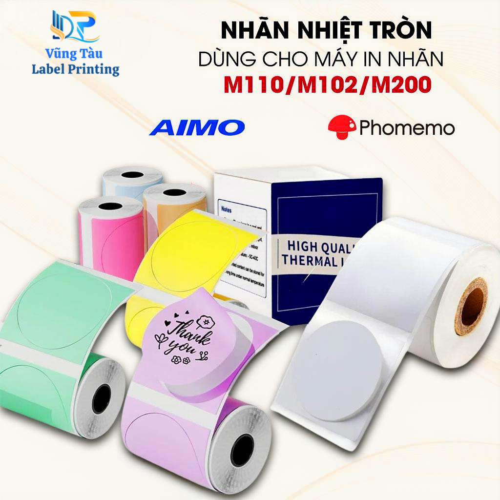 Nhãn In Tem Tròn Dùng Cho Máy In Nhiệt AIMO Phomemo M110/M200/M220 I Chính Hãng, Giấy In Nhiệt