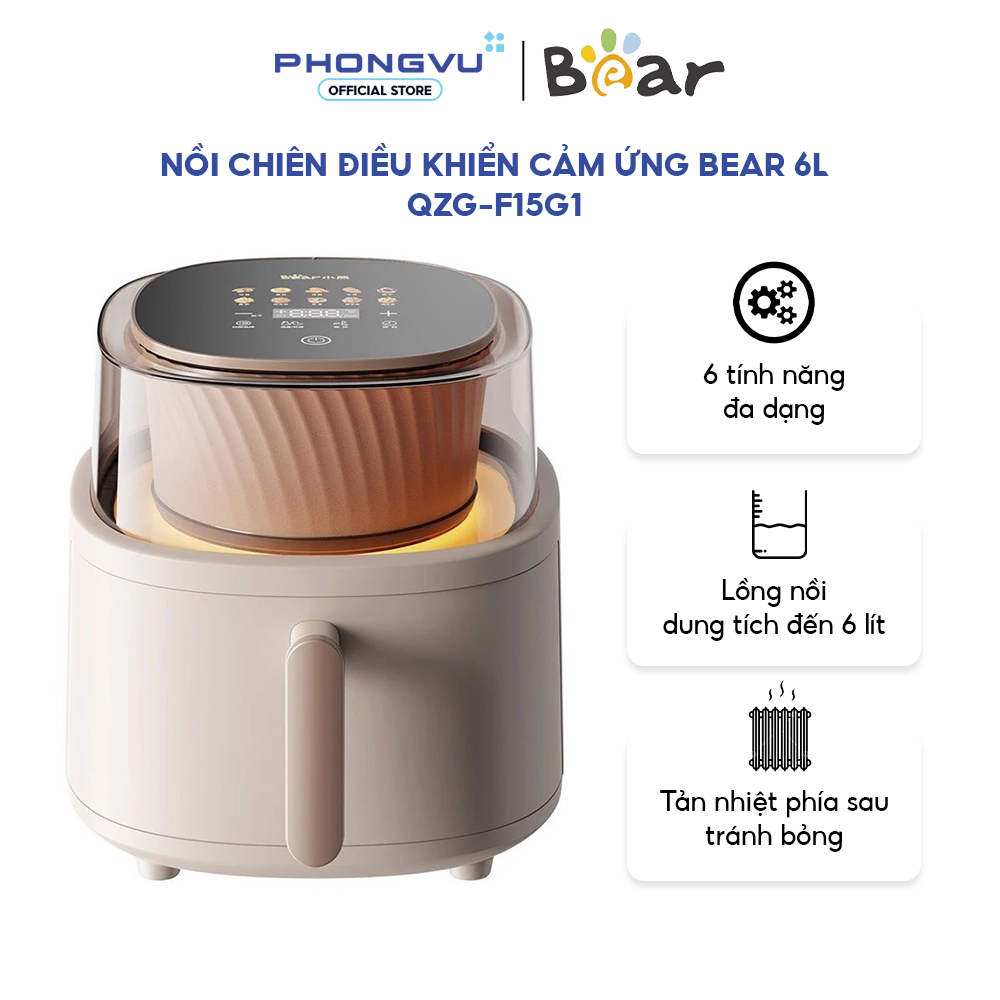 Nồi Chiên Không Dầu Bear QZG-F15G1 (6L) - Công Suất 1350W, Mặt Kính Trong Suốt - Bảo Hành 12 Tháng