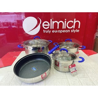 Bộ 3 nồi 1 chảo 26cm inox 304 5 đáy Elmich EL 1497 Nồi size 18 20 26cm bảo hành 5 năm chính hãng siêu dày