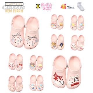   Kèm Sticker Bộ + Vớ  Dép Cross Clog Classic Hồng pastel nữ cực xinh xắn  - Sục EVA êm nhẹ đúc nguyên khối 