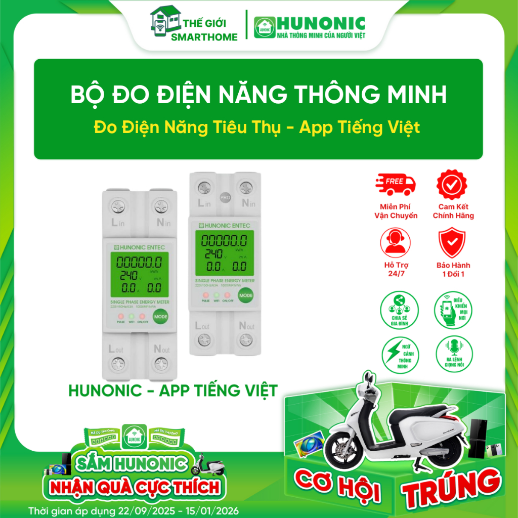  Công Tơ Điện Tử Thông Minh Wifi HUNONIC ENTEC PRO - Tính Tiền Điện Tiêu Thụ Trên App 