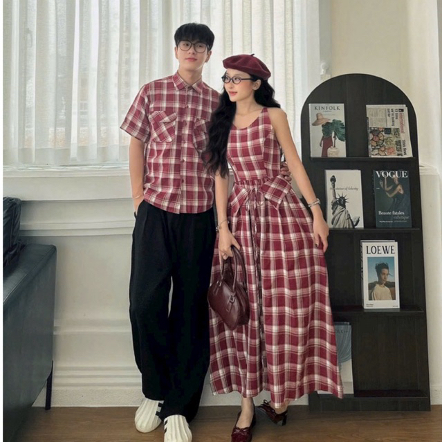 Đồ đôi couple-Set đồ đôi sọc caro 2 màu đỏ/xanh navy mặc Tết giáng sinh