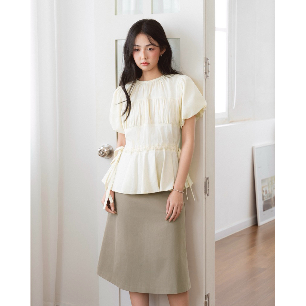 DOB - Áo kiểu linen tay phồng rút eo dáng peplum | Eunbi Top | | BigBuy360 - bigbuy360.vn