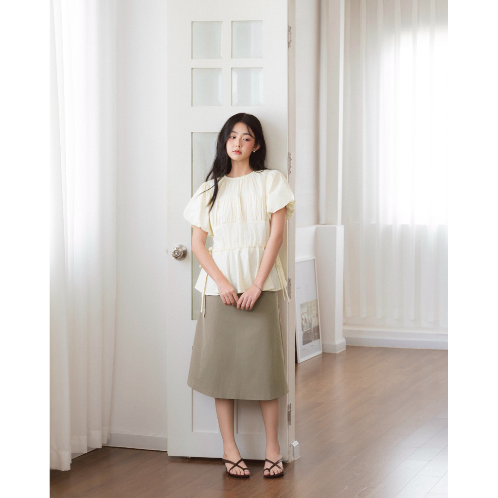 DOB - Áo kiểu linen tay phồng rút eo dáng peplum | Eunbi Top | | BigBuy360 - bigbuy360.vn
