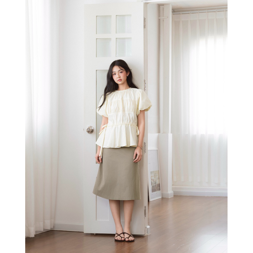 DOB - Áo kiểu linen tay phồng rút eo dáng peplum | Eunbi Top |