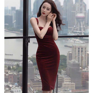  🌸Hàng Order🌸 Đủ Màu   Váy Đầm 2 Dây Nhung Cúp Ngực Dáng Dài Sẻ Tà Sexy Nữ Tính🌸Hàng Quảng Châu 