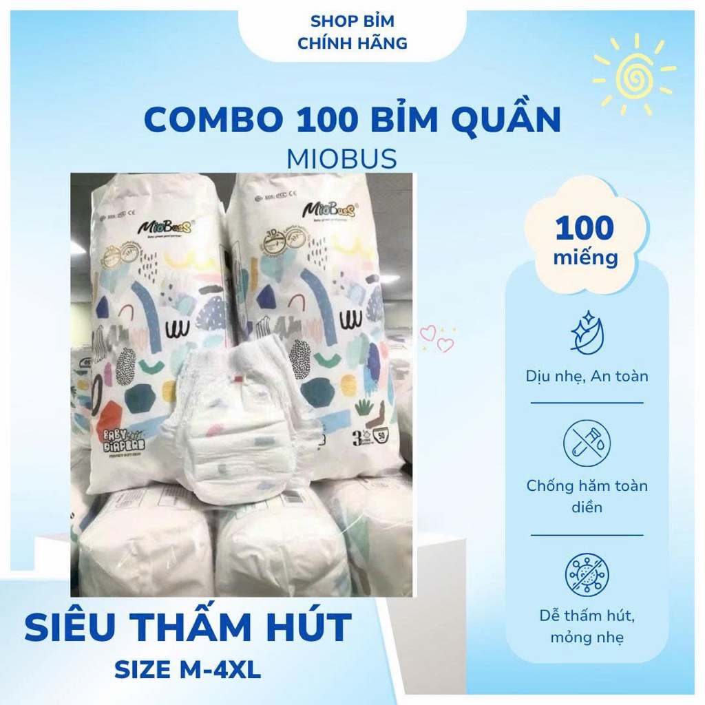 [Rẻ Vô Địch]Combo 100 miếng Bỉm quần Miobus dành cho bé L/XL/2XL/3XL/4Xl mềm mại, thấm tốt, chống hă