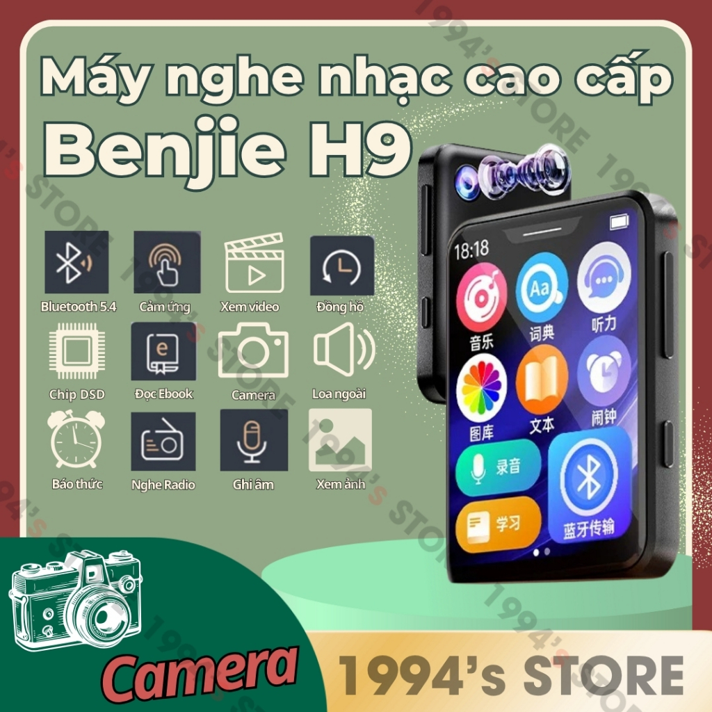 Bản 2026 Benjie H9 Máy nghe nhạc có camera để quay phim chụp ảnh - Chip DSD cao cấp - Bluetooth 5.4 