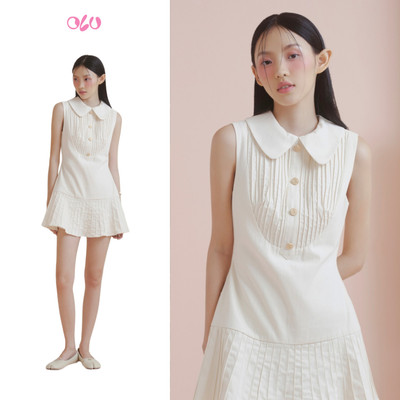 Đầm OLV ngắn cổ tròn phối nút dáng xòe xếp ly trẻ trung Wrenlee phù hợp đi cà phê đi chơi